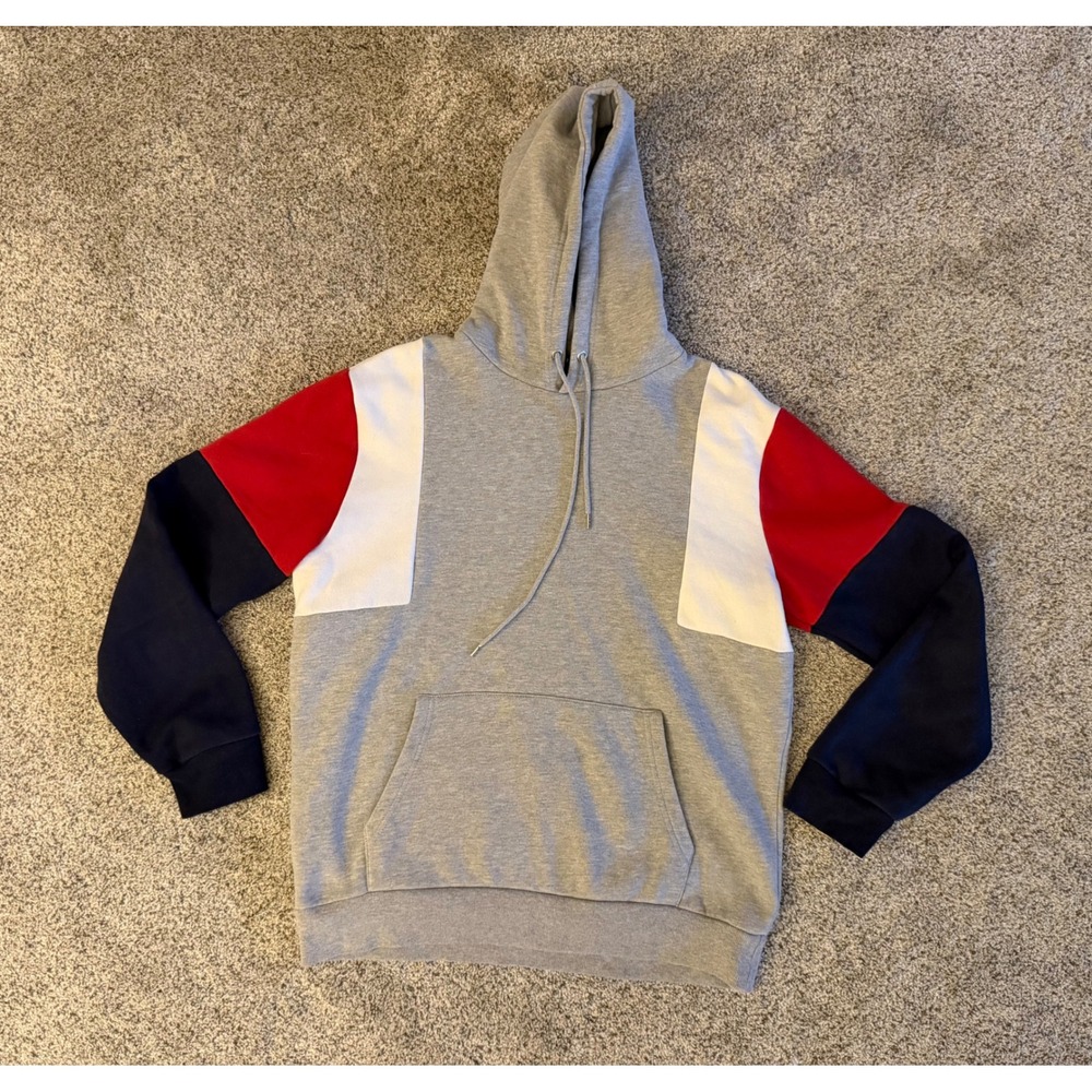 Forever 21 Men Colorblock Hoodie‎ Grey Navy Red White Fleece Sweatshirt Large
